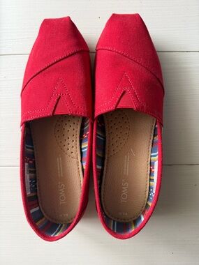 Toms Red Canvas Slip-On Flats with Striped Inner Lining
